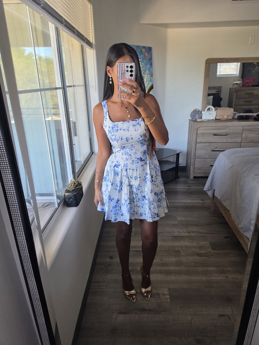 White Mini Dress with Blue Floral Print - Picture 9 of 13